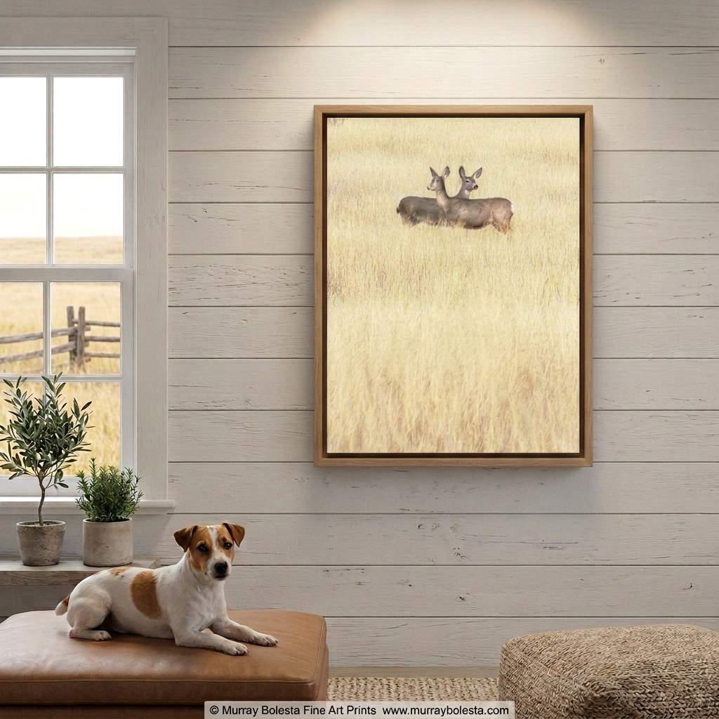 Arivaca Arizona yellow grassland landscape with 2 wild doe deer, art print by Murray Bolesta