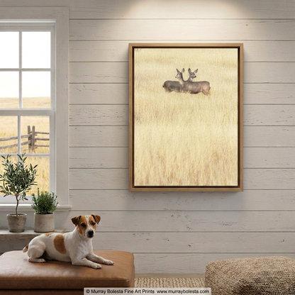 Arivaca Arizona yellow grassland landscape with 2 wild doe deer, art print by Murray Bolesta