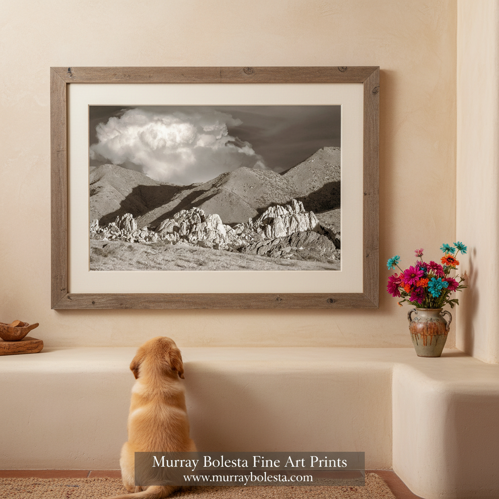 A sepia photograph depicting a mountainous landscape with rocky formations and a large cloud in the sky. Benson Arizona Texas Canyon Desert Landscape - Amerind Foundation Sepia Print, by Murray Bolesta!