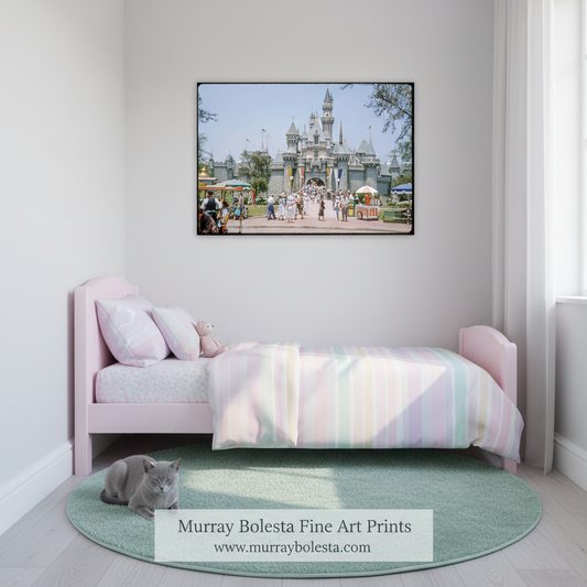 A framed art print of a fairground scene with a castle is displayed on a white wall above a light pink children's bed. A gray cat sits on a round mint green rug on the floor.