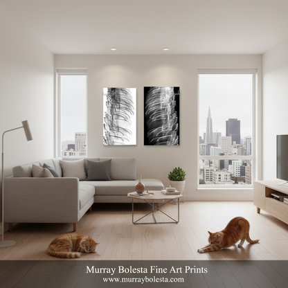 A modern living room with a light gray sectional sofa, two black-and-white abstract wall art prints centered above the couch, large windows with a city skyline view, and two orange cats on the wood floor. A watermark at the bottom reads 'Murray Bolesta Fine Art Prints'.