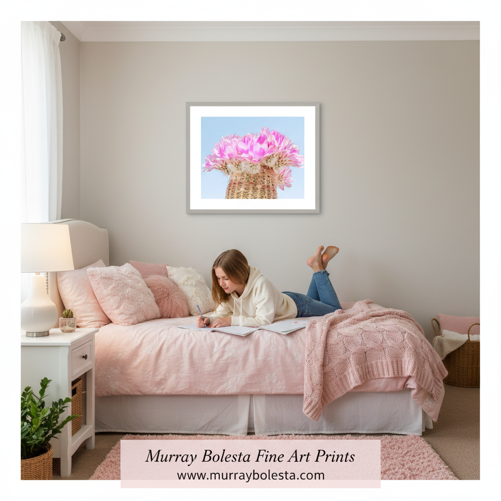 A framed art print featuring pink flowers in a basket against a light blue sky, displayed on a beige wall above a bed with pink bedding in a bedroom. A woman is lying on the bed writing in a notebook.