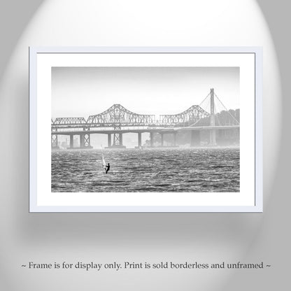 Windsurf Art Print at Oakland Bay Bridge in Black and White