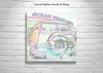 San Diego Ocean Beach Woody Surf Wagon Car Art Print in Pastel