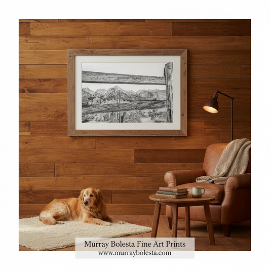 A framed black and white landscape art print of mountains and a wooden fence hangs on a warm wood-paneled wall above a cozy living room scene with a golden retriever dog, a brown leather armchair, and a small wooden side table.