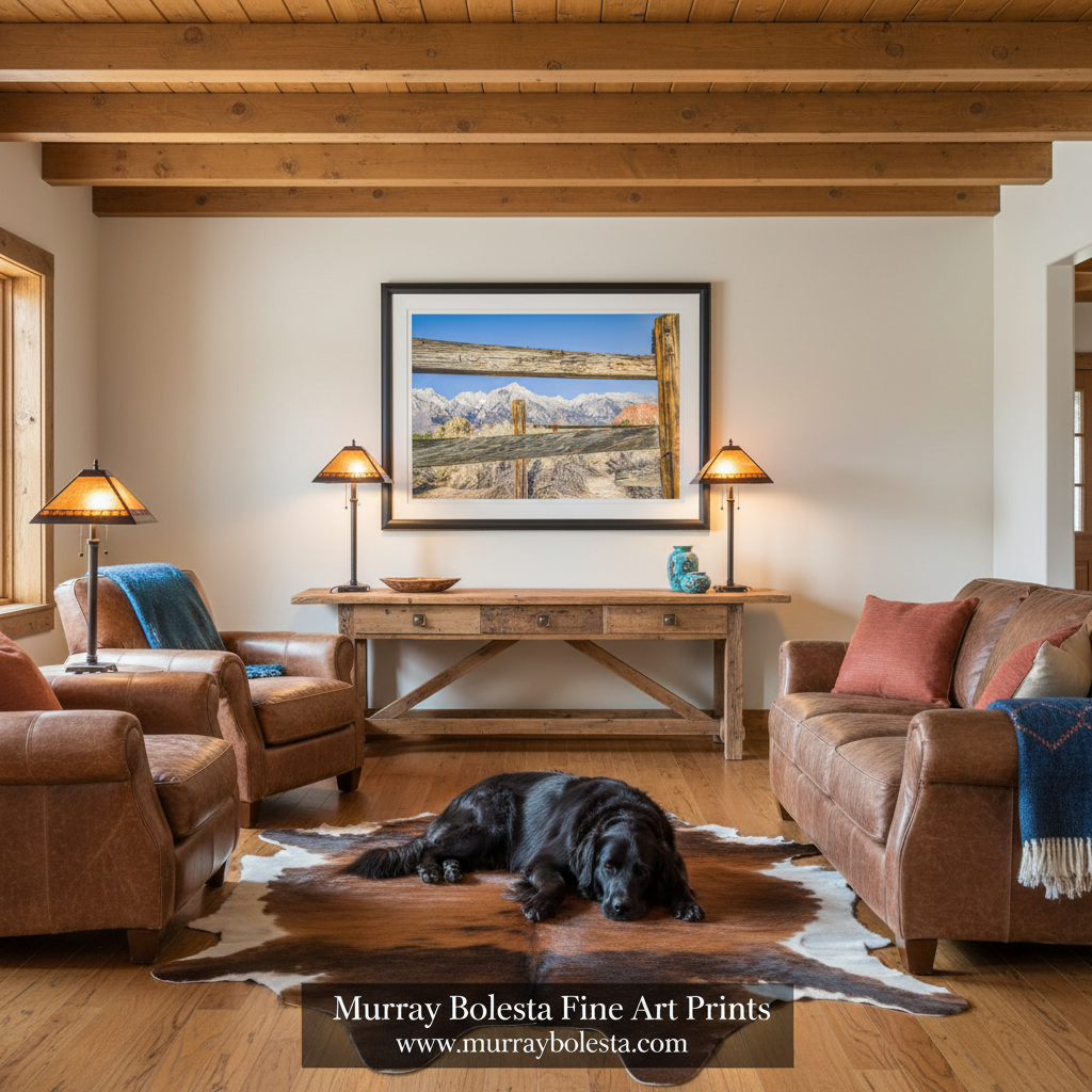 A framed landscape art print of snow-capped mountains behind a rustic wooden fence is displayed on a beige wall in a cozy, wood-paneled living room. A black dog lies on a cowhide rug on the floor, surrounded by brown leather armchairs and a matching brown sofa with pink and blue throw pillows.