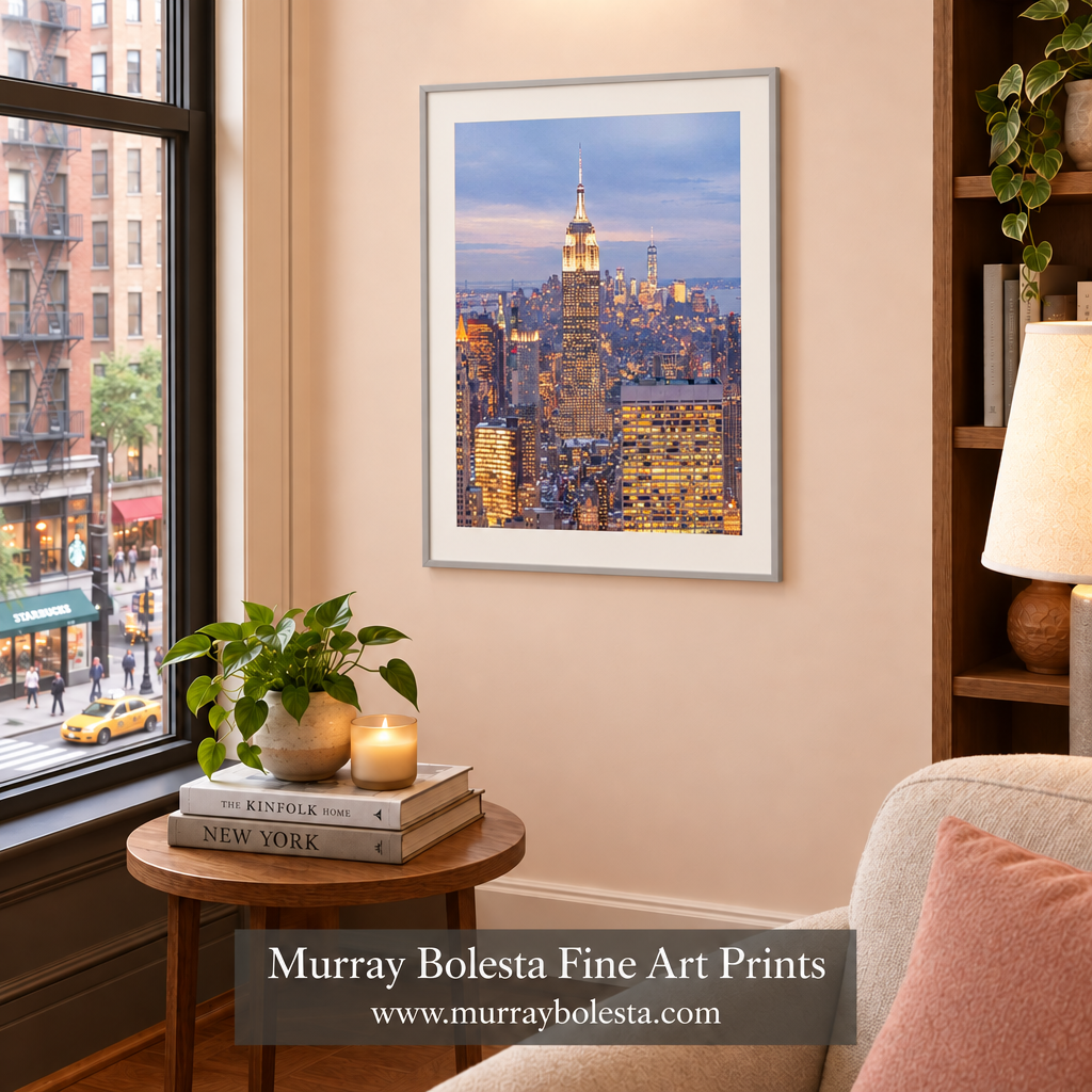 Empire State Building at dusk artwork with light-grey frame