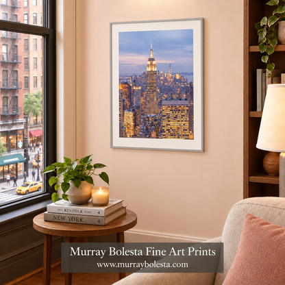 Empire State Building at dusk artwork with light-grey frame