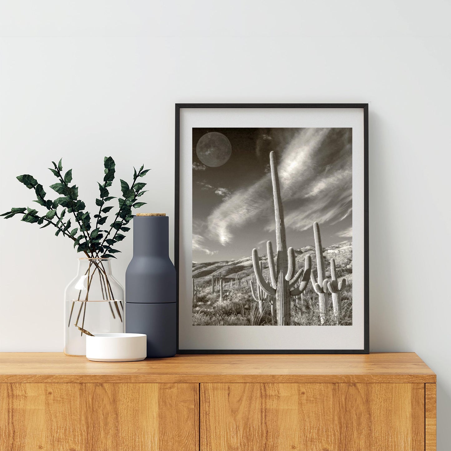 Surreal Desert Cactus Moon Art | Southwestern Wall Decor in Sepia