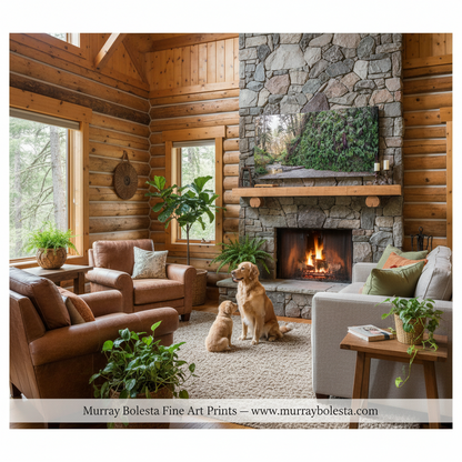 Fern Canyon panorama! A cozy rustic living room with wood log walls, a stone fireplace with a lit fire, brown leather armchairs, a light gray sofa, potted plants, and two dogs sitting on the rug. A banner at the bottom reads 'Murray Bolesta Fine Art Prints 