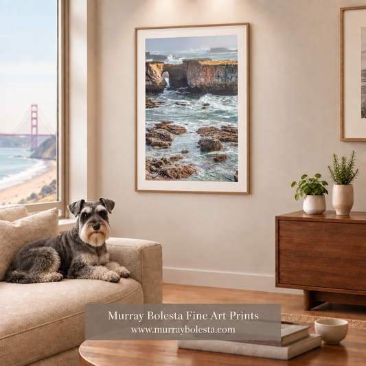 Fine-art room mockup with lighter brown frame. Mendocino Art by Murray Bolesta