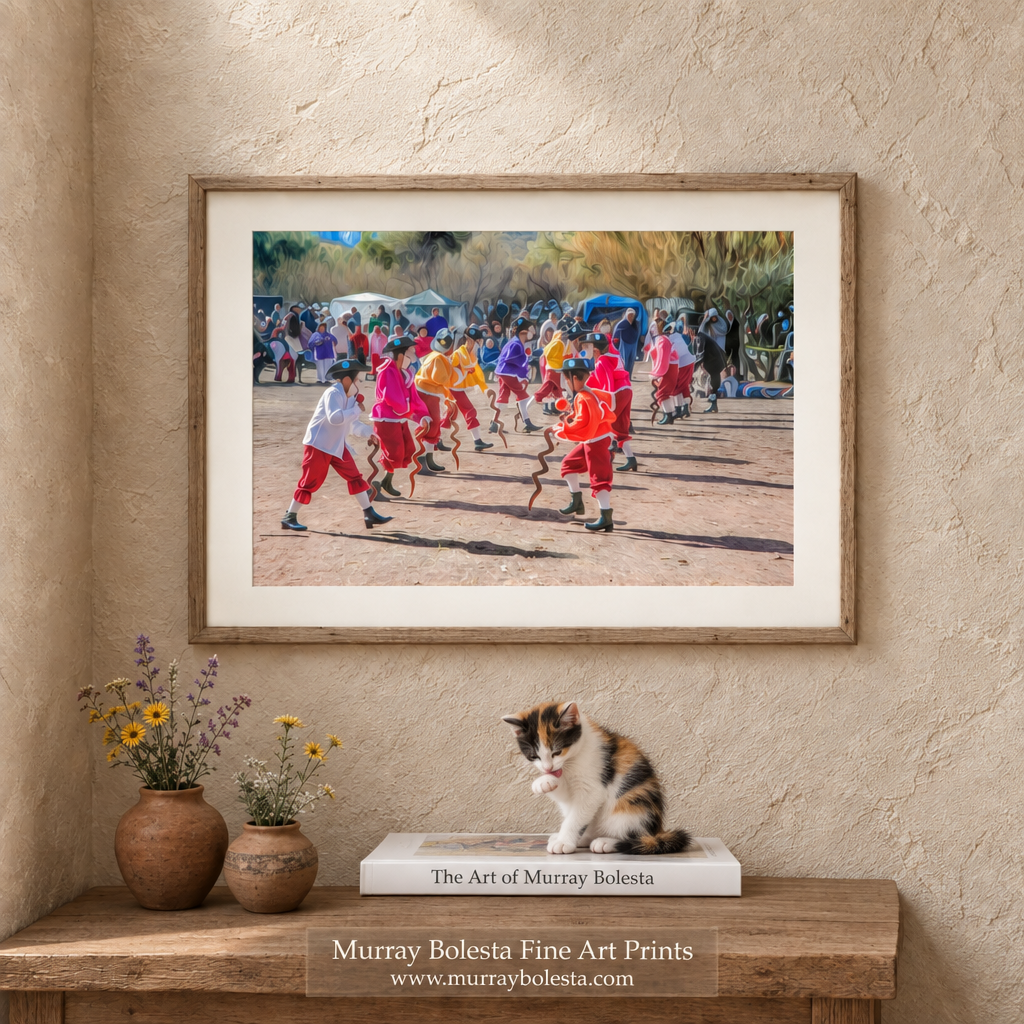 Folklorico heritage dancers at Tumacacori Fiesta Arizona, art by Murray Bolesta