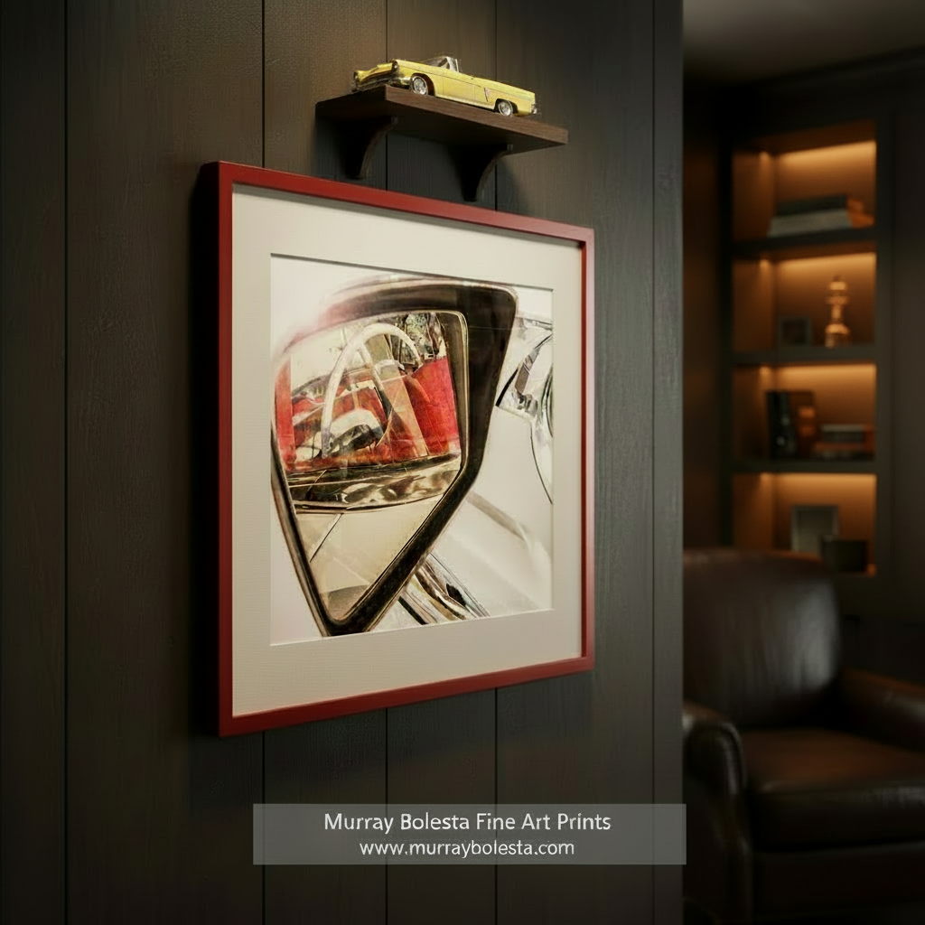 a close-up view of a car's side mirror, reflecting a red car and a person inside the car. Ford Fairlane Abstract Car Photograph by Murray Bolesta