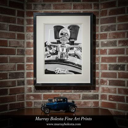 A close-up black and white photograph of a Ford vehicle, featuring a chrome hood ornament with a skull design and two large air filters. Hot Rod Muscle Car Art Canvas in Black and White | Ford Model T by Murray Bolesta