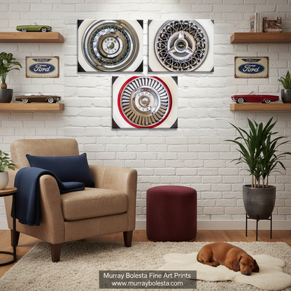 Ford Thunderbird art by Murray Bolesta. A styled living room scene featuring three square wall art prints with vintage wheel hub designs, hung on a white brick wall above a beige armchair, with a dog on a rug and shelves with Ford-themed decor in the background.