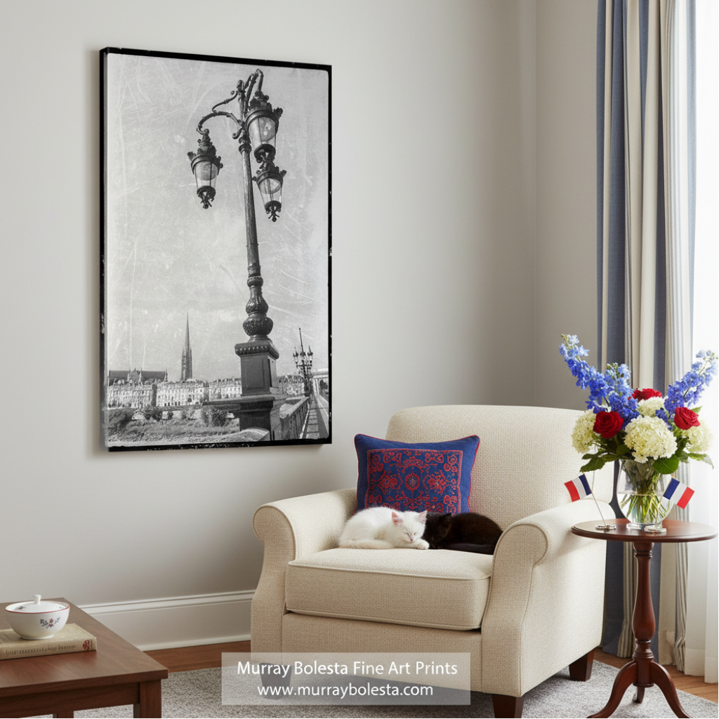 A black and white photograph of a street lamp with ornate, decorative lights, standing on a bridge overlooking a cityscape. vBordeaux Pont de Pierre Bridge Print | Vintage Black & White Art by Murray Bolesta