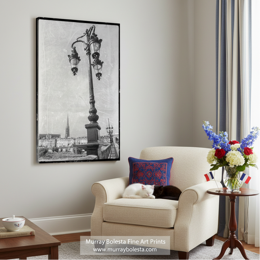 A black and white photograph of a street lamp with ornate, decorative lights, standing on a bridge overlooking a cityscape. vBordeaux Pont de Pierre Bridge Print | Vintage Black & White Art by Murray Bolesta