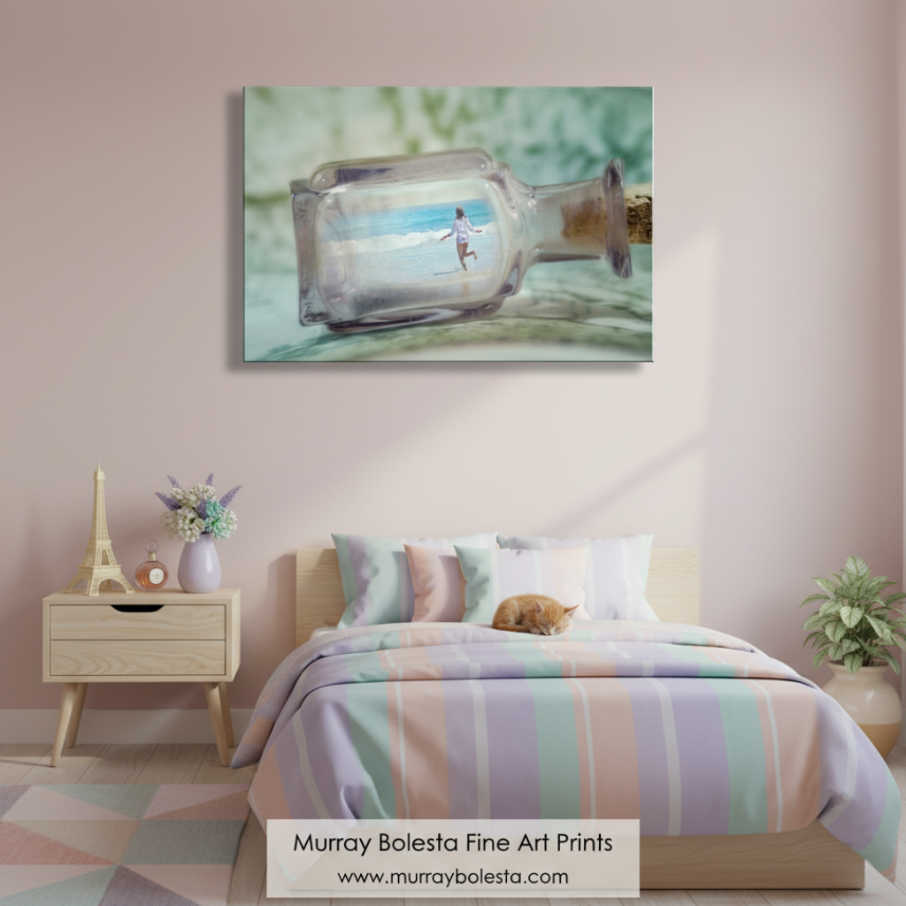 A person is running through a bottle, with the ocean visible through the bottle's glass. French Beach Fantasy Art Print | Girl on Beach Coastal Wall Decor - In a Bottle Art by Murray Bolesta