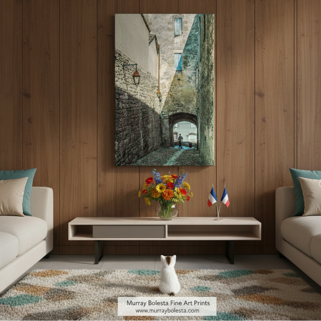 a narrow alleyway lined with old stone buildings, with a person walking through the archway. Bazas France Village Alleyway Print | French Street Wall Decor by Murray Bolesta