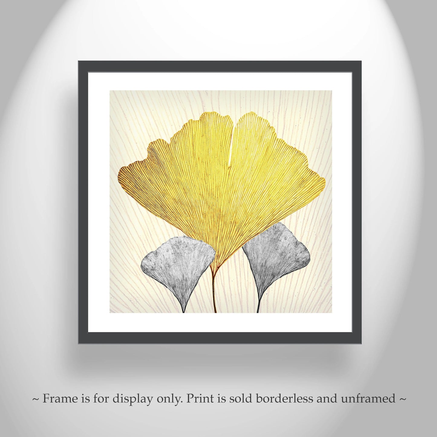 Framed artwork of two leaves, one yellow and one gray, on a light background. Gingko Leaf Print as Fine Art Nature Gift