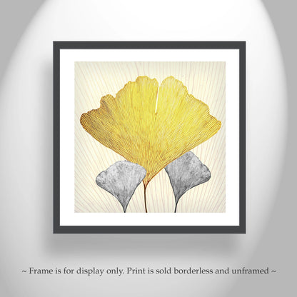 Framed artwork of two leaves, one yellow and one gray, on a light background. Gingko Leaf Print as Fine Art Nature Gift
