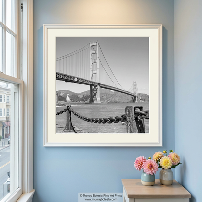 Golden Gate Bridge artwork from Presidio in square black and white format, by Murray Bolesta