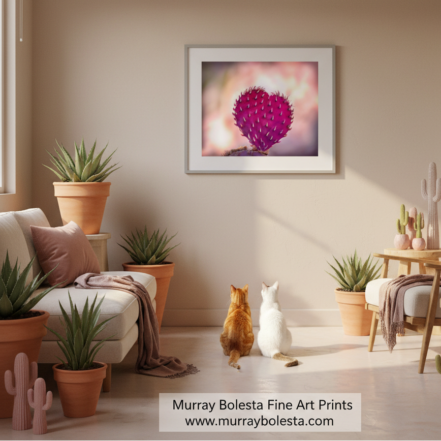 Heart in nature cactus! A framed art print featuring a close-up of a pink-purple cactus flower on a soft blurred background, displayed on a beige wall in a styled living room with two cats sitting below. The text 'Murray Bolesta Fine Art Prints' is visible at the bottom.