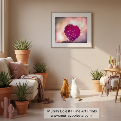 Heart in nature cactus! A framed art print featuring a close-up of a pink-purple cactus flower on a soft blurred background, displayed on a beige wall in a styled living room with two cats sitting below. The text 'Murray Bolesta Fine Art Prints' is visible at the bottom.