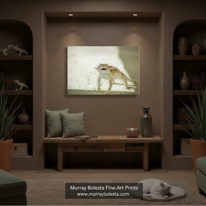 Horny toad by Murray Bolesta in Arizona. A framed wall art print showing a cat in profile, displayed in a styled living room setting above a wooden bench. The print has a warm, light-toned color palette.