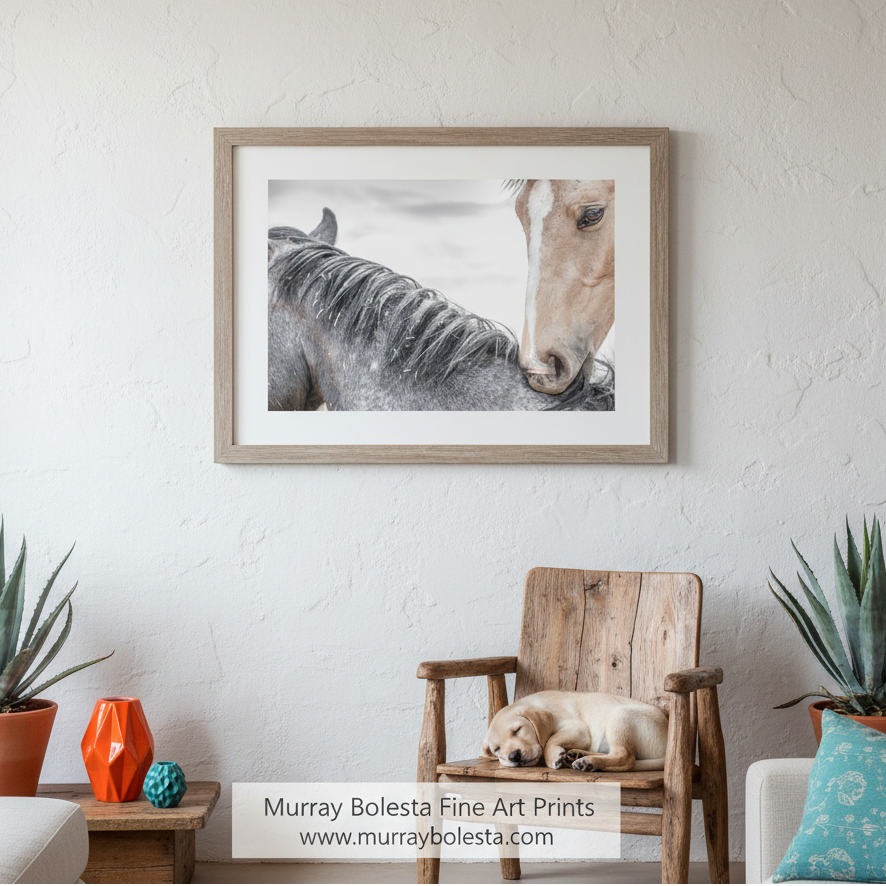 A close-up of a horse's head and neck, with its eyes gently closed and its head resting on its neck. Playful Frisky Horse Art | San Rafael Valley Equestrian Decor by Murray Bolesta Arizona USA