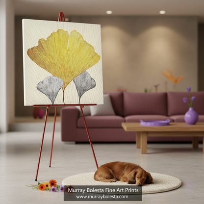 Canvas print of yellow and gray leaves on a textured wall. Gingko by Murray Bolesta!