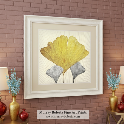 Canvas print of yellow and gray leaves on a textured wall. Gingko by Murray Bolesta