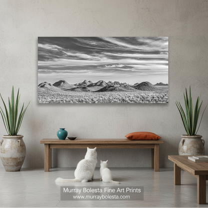 A black and white landscape photograph depicting a vast, open field with rolling hills in the distance under a cloudy sky. Tucson Desert Landscape Panorama Art | Black & White Photo Gift. Ironwood Forest by Murray Bolesta!