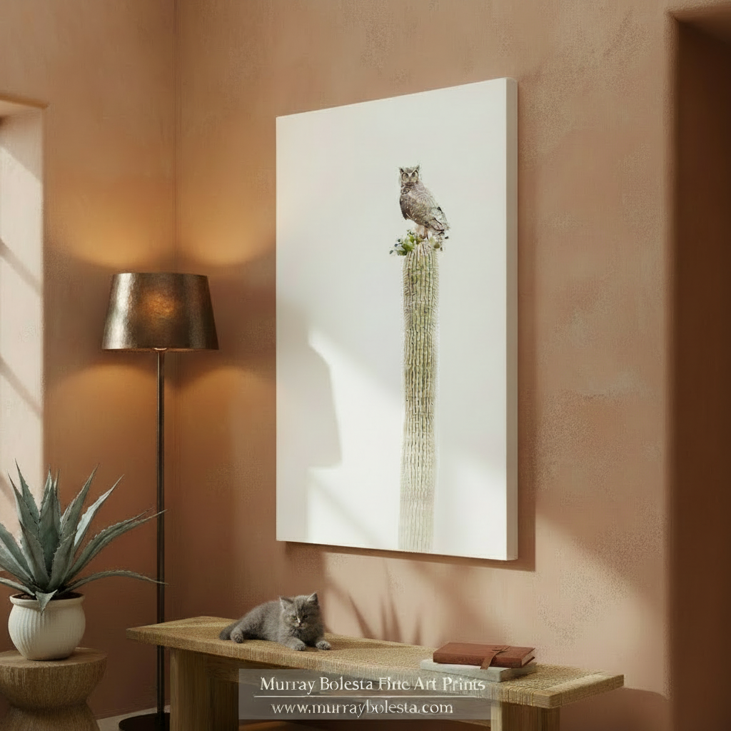 A brown owl perched on a tall, green cactus with small flowers. Owl on Saguaro Cactus - Minimalist Desert Wildlife Wall Decor by Murray Bolesta