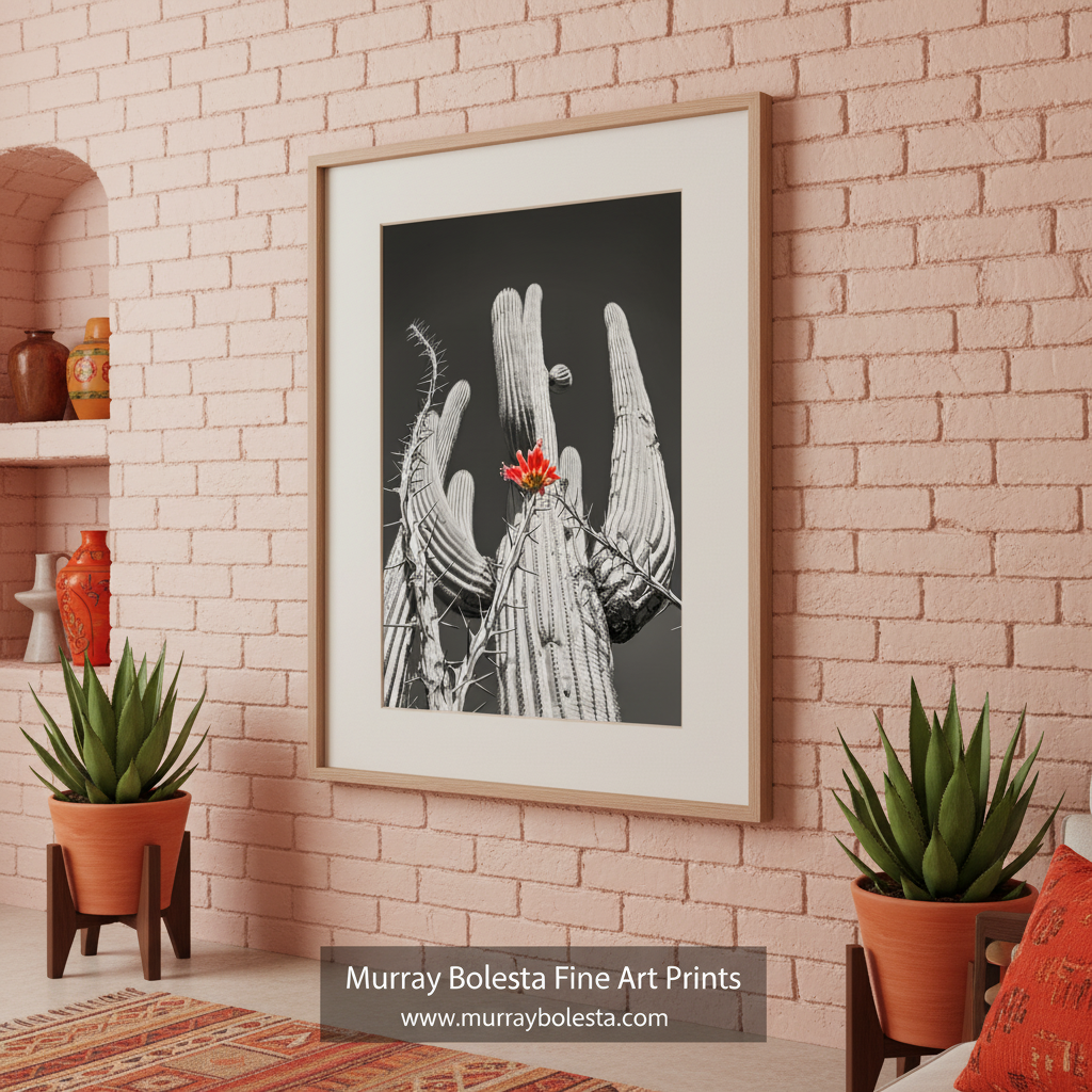 A striking black and white photograph of a cactus with a single red flower blooming amidst the spines, creating a striking contrast against the monochrome background. Desert Cactus & Ocotillo Wildflower |Tucson Arizona Landscape Art by Murray Bolesta
