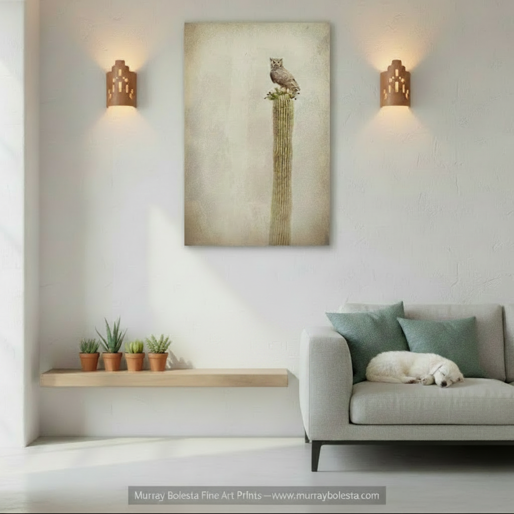 An owl perched on a tall cactus against a beige background.Vintage Desert Owl on Cactus - Great Horned Owl Sepia Wall Art by Murray Bolesta