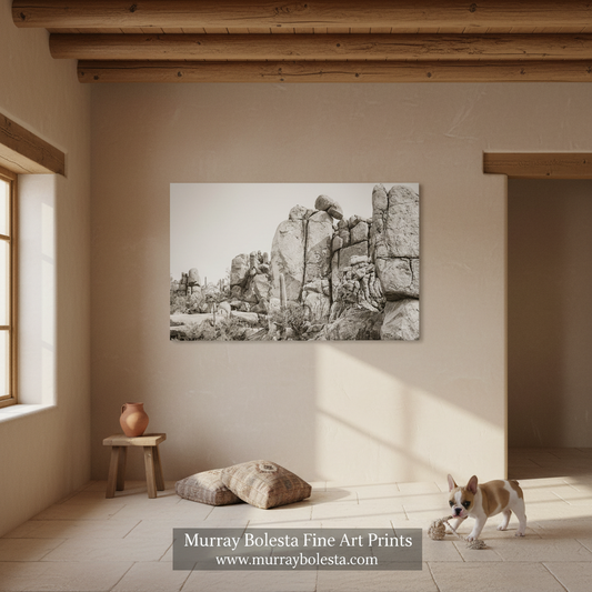 A sepia landscape art print of rocky cliffs is displayed on a beige wall in a rustic room with wooden beams, a small stool with a terracotta pot, and a small dog on the floor. A watermark at the bottom reads 'Murray Bolesta Fine Art Prints'.