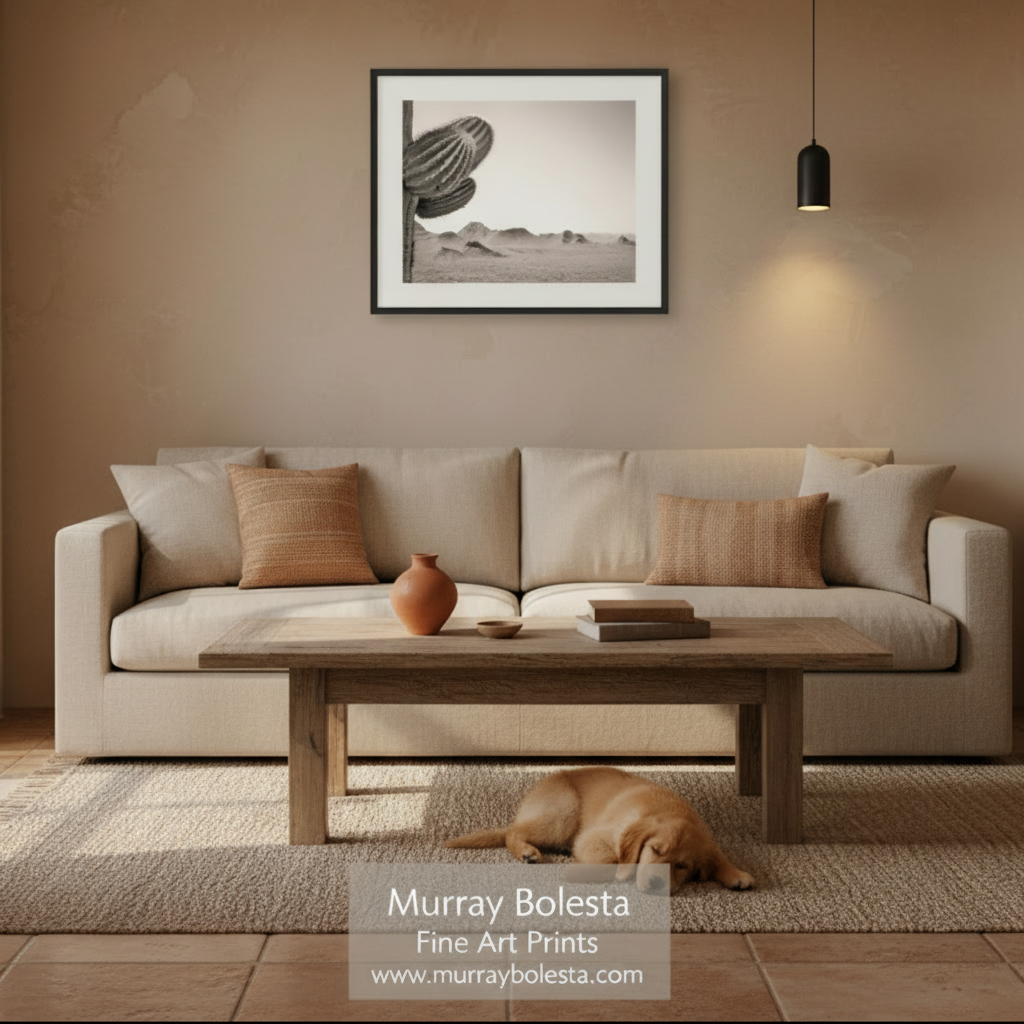 A framed black and white art print of a saguaro cactus and desert landscape hangs on a textured beige wall above a light beige sofa in a styled living room. A wooden coffee table, textured rug, and a sleeping dog are visible in the foreground.