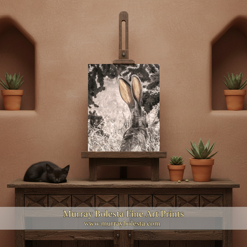 Jackrabbit by Murray Bolesta. A framed-style canvas art print showing a black-and-white rabbit with tan ears, displayed on a wooden stand in a styled interior scene. The print is centered on a dark wood console against a warm beige wall with recessed shelves holding small potted succulents, and a black cat rests on the left side.