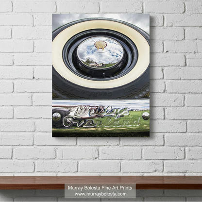 a close-up view of a vintage car's chrome bumper and round headlight, with a reflection of a kite in the center. Willys Overland Jeepster Classic Car Photography Art Print by Murray bolesta