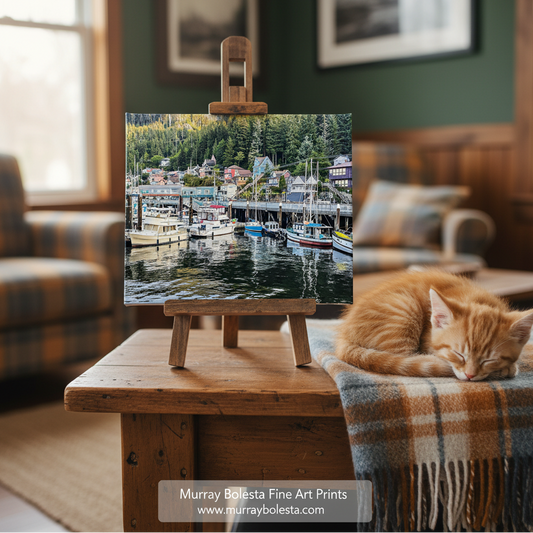 Ketchikan Alaska. Murray Bolesta. A framed art print depicting a harbor town with boats and trees, displayed on a small wooden easel on a wooden table in a cozy living room. An orange tabby cat is sleeping on a plaid throw blanket nearby.