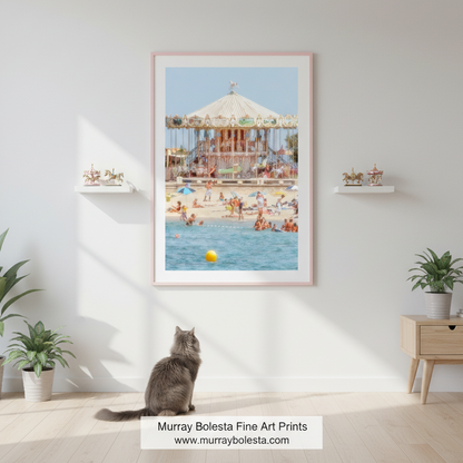 A lively beach scene with a carousel and people enjoying the sunny day. Lacanau France Beach Carousel Picture | French Coastal Art Print by Murray Bolesta!
