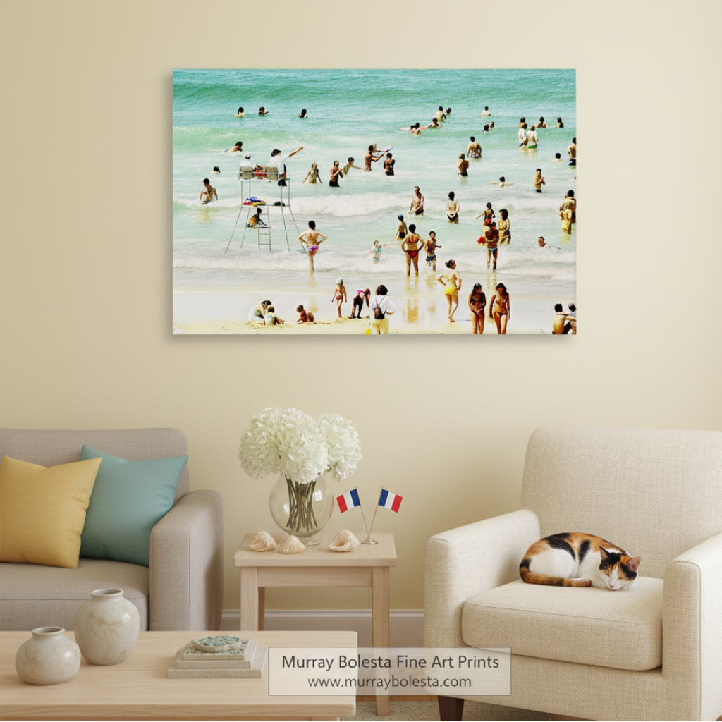a crowded beach scene with numerous people enjoying the water and sand. France Atlantic Coast Beach Print | Lacanau Summer Wall Art by Murray Bolesta!