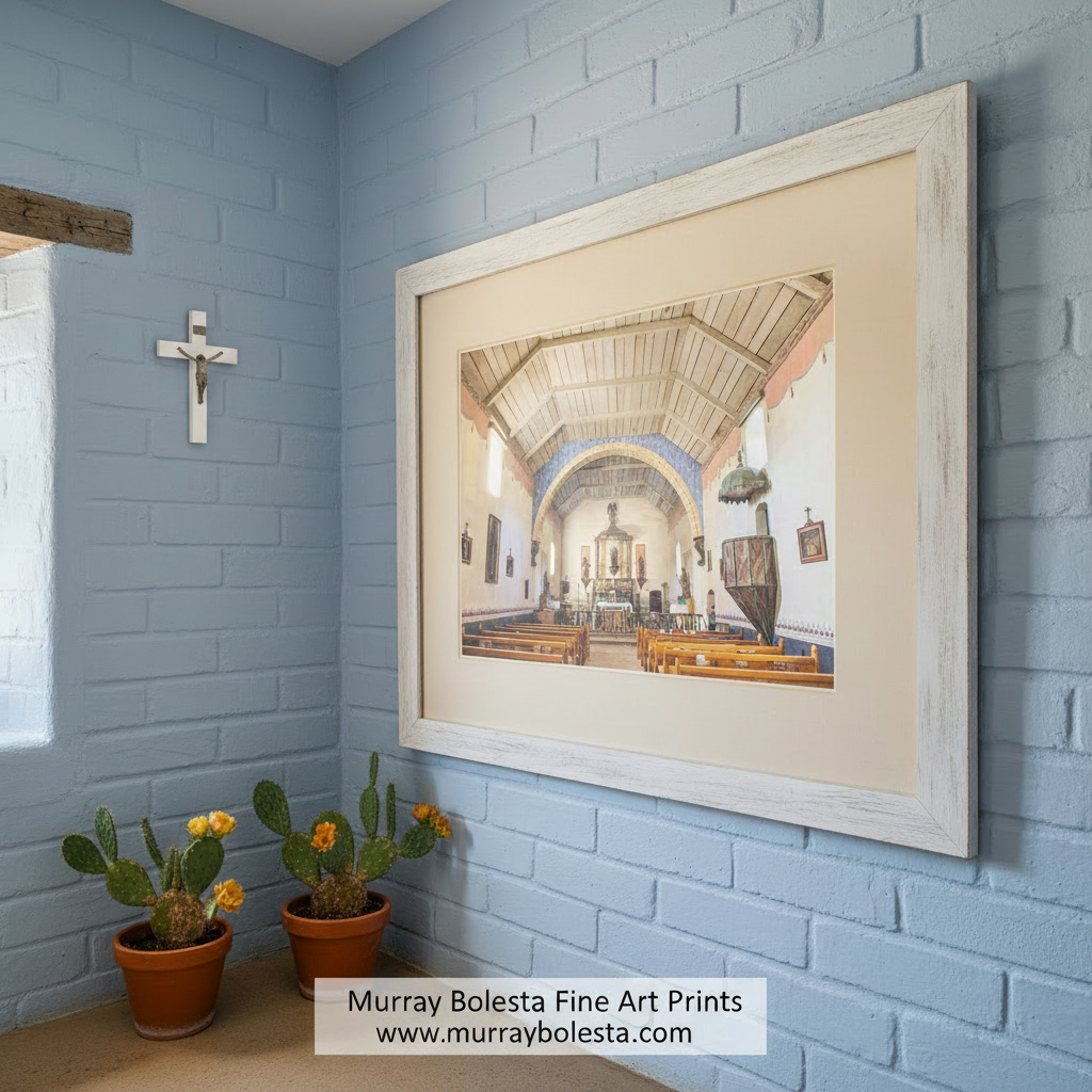a large, ornate church interior with a high vaulted ceiling, wooden pews, and a central altar with a statue of a saint. Lompoc Mission Interior Architecture Art - California Church by Murray Bolesta