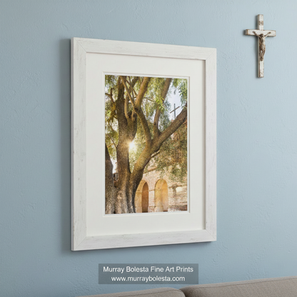 a large, gnarled tree with a cross on one of its branches, standing in front of a brick archway. Mission San Antonio de Padua Art - Lompoc California Church Print by Murray Bolesta