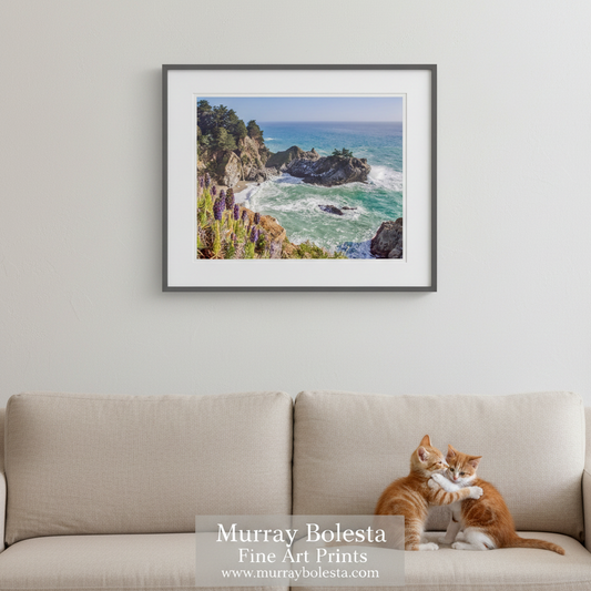 Art by Murray Bolesta! a picturesque coastal scene with a rocky shoreline, a small island in the middle of the ocean, and a clear blue sky above.McWay Falls Big Sur Art Print California Coast Waterfall Photograph