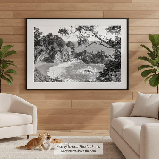 A black and white photograph depicting a rocky coastline with crashing waves, a sandy beach, and a distant body of water. McWay Falls Big Sur Black & White Art Print | California Coast Photo by Murray Bolesta!