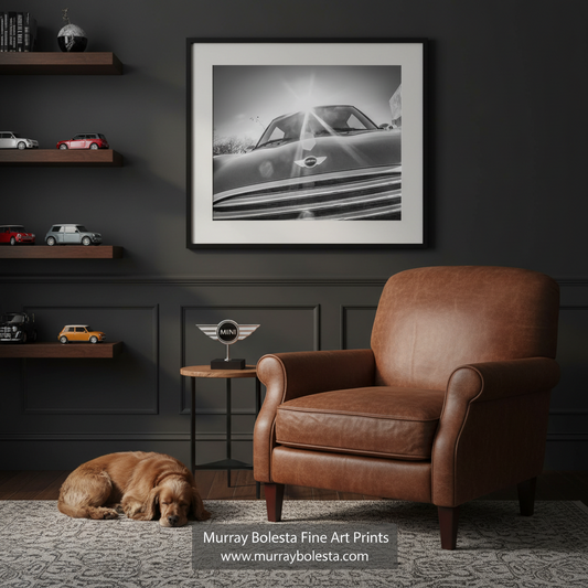 Mini Cooper car by Murray Bolesta. A framed black and white art print of a classic car is displayed on a dark gray wall in a styled room with a brown leather armchair, a dog on the floor, and floating shelves with toy cars. A watermark at the bottom reads 'Murray Bolesta Fine Art Prints'.