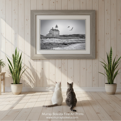 A black and white photograph of a lighthouse on a beach, with two seagulls flying in the sky above it. Block Island Lighthouse Beach Seascape - Rhode Island Coastal Wall Art by Murray Bolesta!