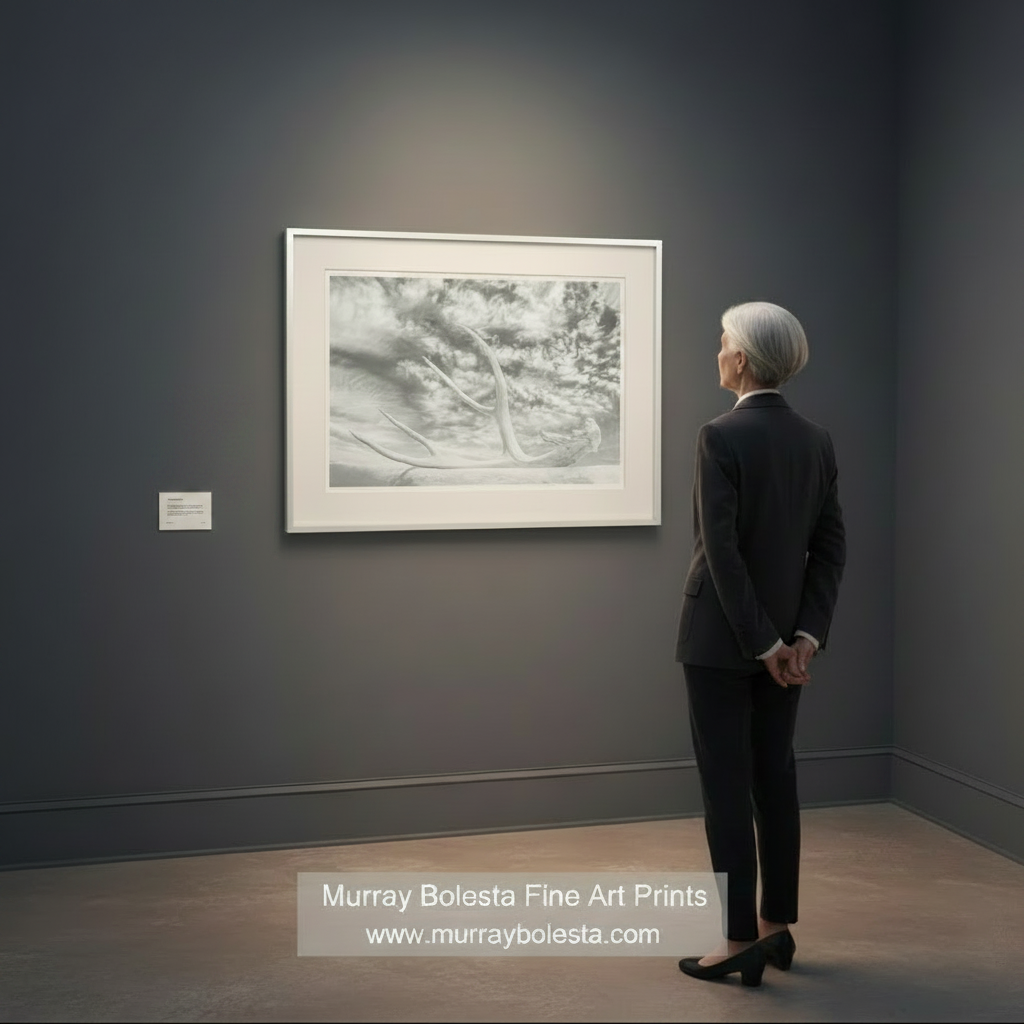 Surreal Black and White Photo Wall Art with Deer Antler and Sky by Murray Bolesta
